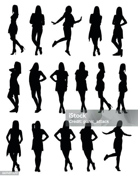 Set Di Varie Silhouette Di Giovani Donne Di Moda In Diversi Vestiti E Pose - Immagini vettoriali stock e altre immagini di Sagoma - Controluce