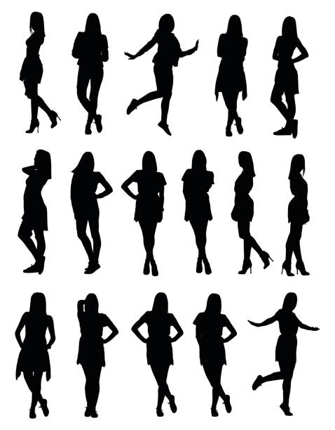 Set of various young fashion woman silhouettes in different clothes and poses vector art illustration
