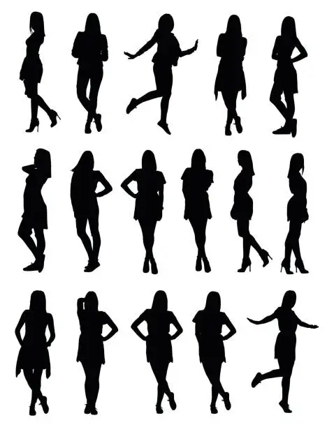 Vector illustration of Set of various young fashion woman silhouettes in different clothes and poses