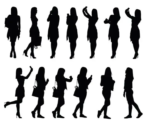 Vector illustration of Collection of different young woman silhouettes using phone and bag accessories from everyday life