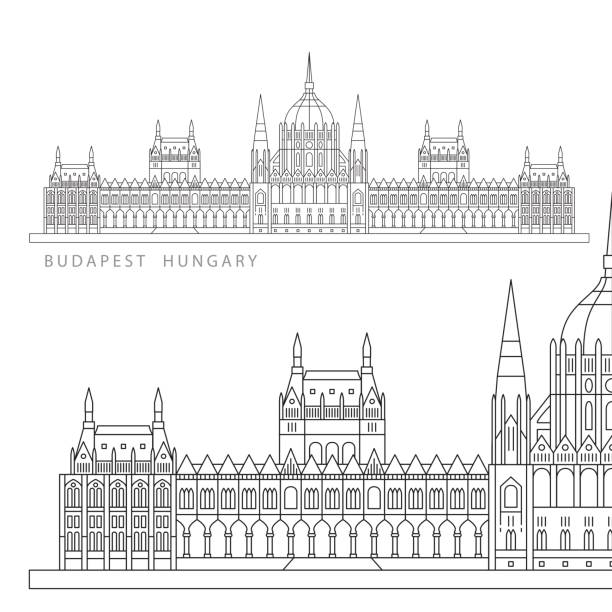 ilustraciones, imágenes clip art, dibujos animados e iconos de stock de los símbolos de budapest, hungría - budapest parliament building hungary government