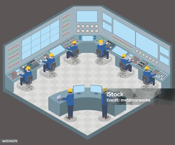 Office003control Center Room And Working Engineers Vector Illustration Stock Illustration - Download Image Now