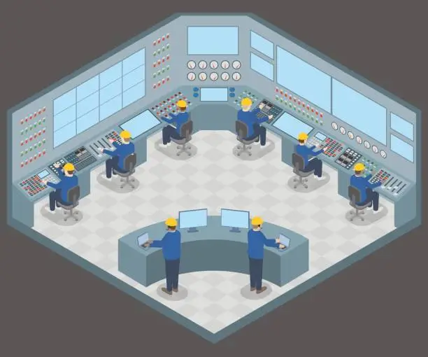 Vector illustration of office003control center room and working engineers, vector illustration