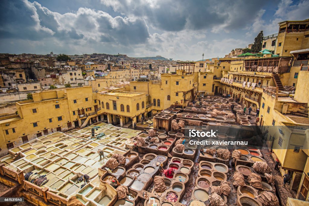 Fez Tannery Overview of the tannery in Fez, Morocco. Fez - Morocco Stock Photo