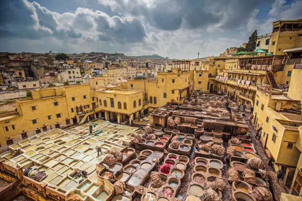 Overview of the tannery in Fez, Morocco.