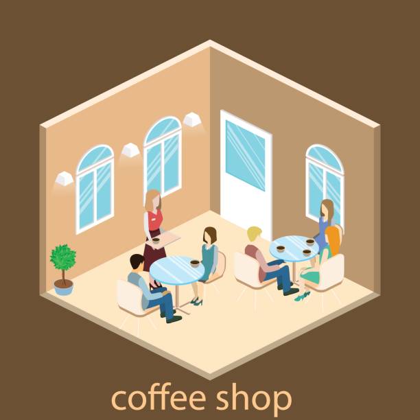 ilustraciones, imágenes clip art, dibujos animados e iconos de stock de isométrica interior de cafetería. - isometric people cafe coffee shop