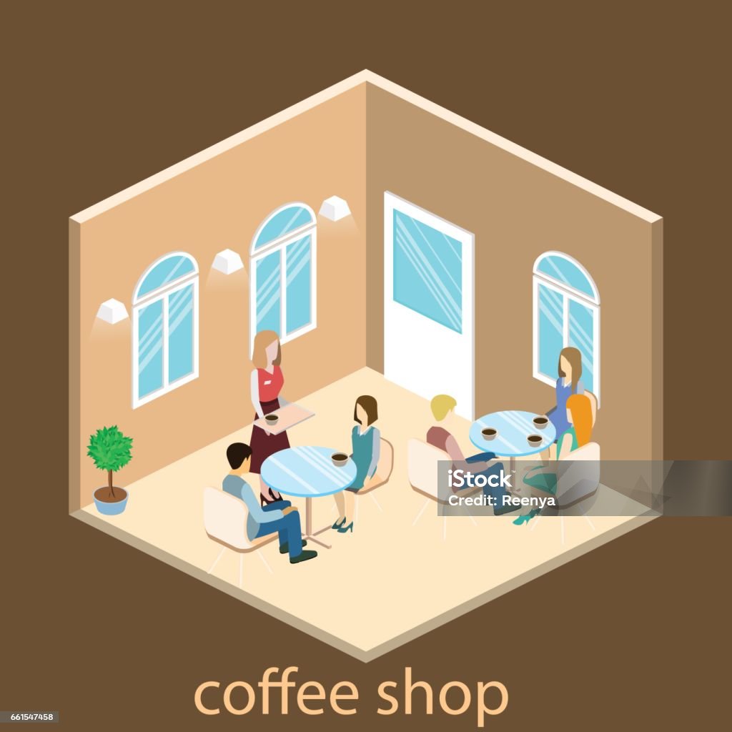 Isometric interior of coffee shop. Isometric interior ofcoffee shop. People sit at the table and eating. Adult stock vector