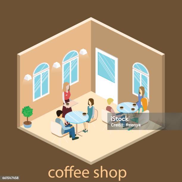 Isometric Interior Of Coffee Shop Stock Illustration - Download Image Now - Adult, Baked Pastry Item, Bakery