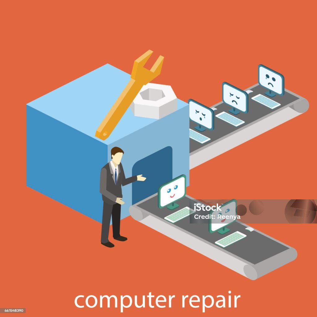 Computer Ripering 3d Man Isometric Building Of Computer Repair Broken Computers Come For Repairs ...