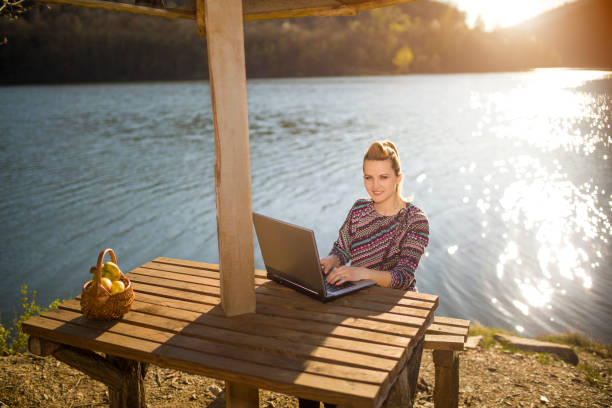 istock Woman having with computer by the lake 661548540