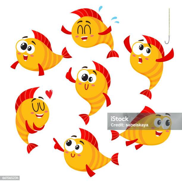 Golden Yellow Fish Characters With Human Face Showing Different Emotions Stock Illustration - Download Image Now