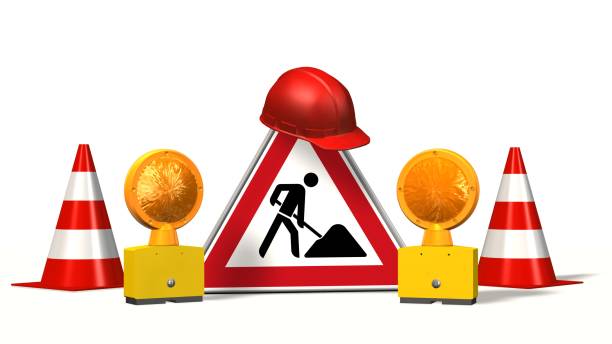 istock Construction site, construction site sign with pylons safety helmet and warning light isolated on white 661581068