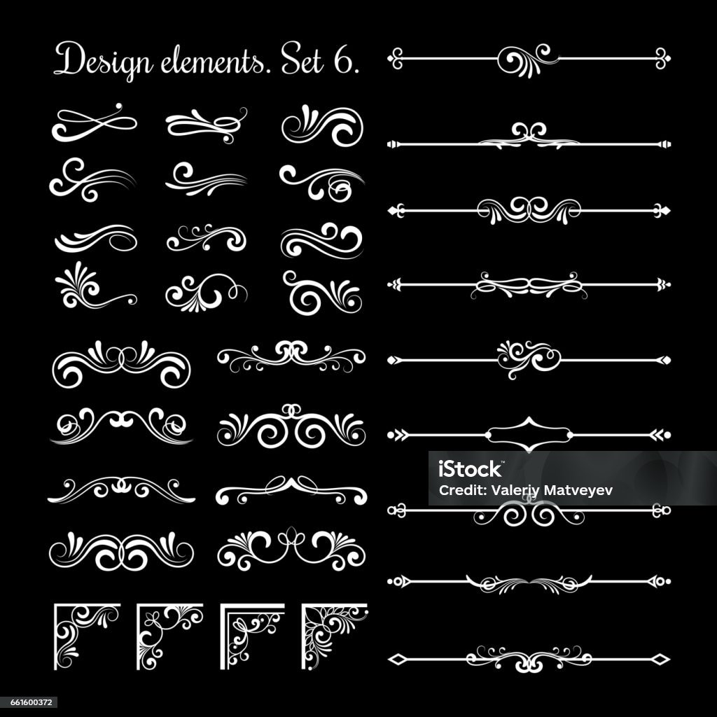 Éléments de design en filigrane florales lignes. Vecteur ligne vintage élégants diviseurs et séparateurs, tourbillons coins ornements décoratifs - clipart vectoriel de Ornement libre de droits