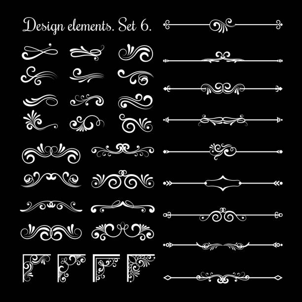 цветочные линии филигранные элементы дизайна. векторная винтажная линия элегантных разделителей и сепараторов, завитки углы декоративных - scroll shape corner victorian style silhouette stock illustrations