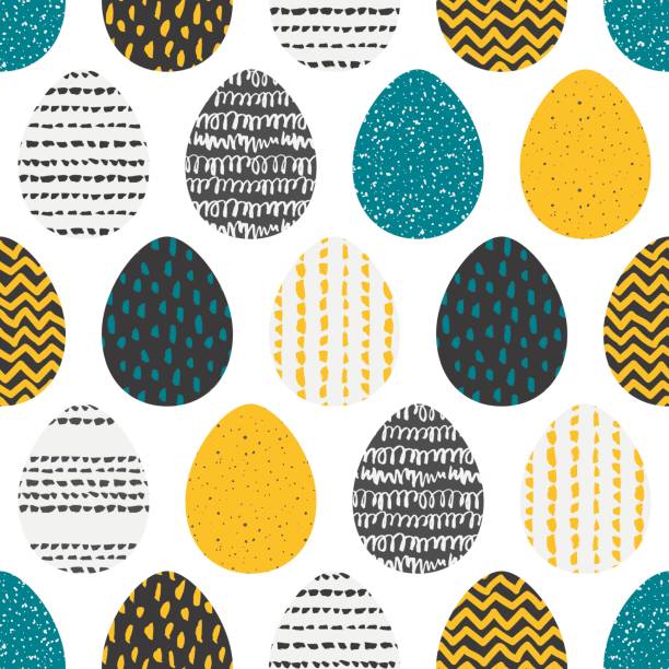 Decorative seamless patterns with eggs Decorative seamless patterns with hand painted eggs. Colorful endless background with colorful textured ovals on white. Handdrawn stylish backdrop for fabric, wrapping, packaging paper, wallpaper easter patterns stock illustrations