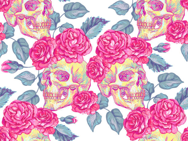 ilustrações, clipart, desenhos animados e ícones de sem costura padrão de mexicano com caveiras e rosas. rosa de fundo vector verão floral design. perfeito para papéis de parede, preenchimentos de padrão, planos de fundo de página da web, texturas de superfície, têxteis - rock sugar