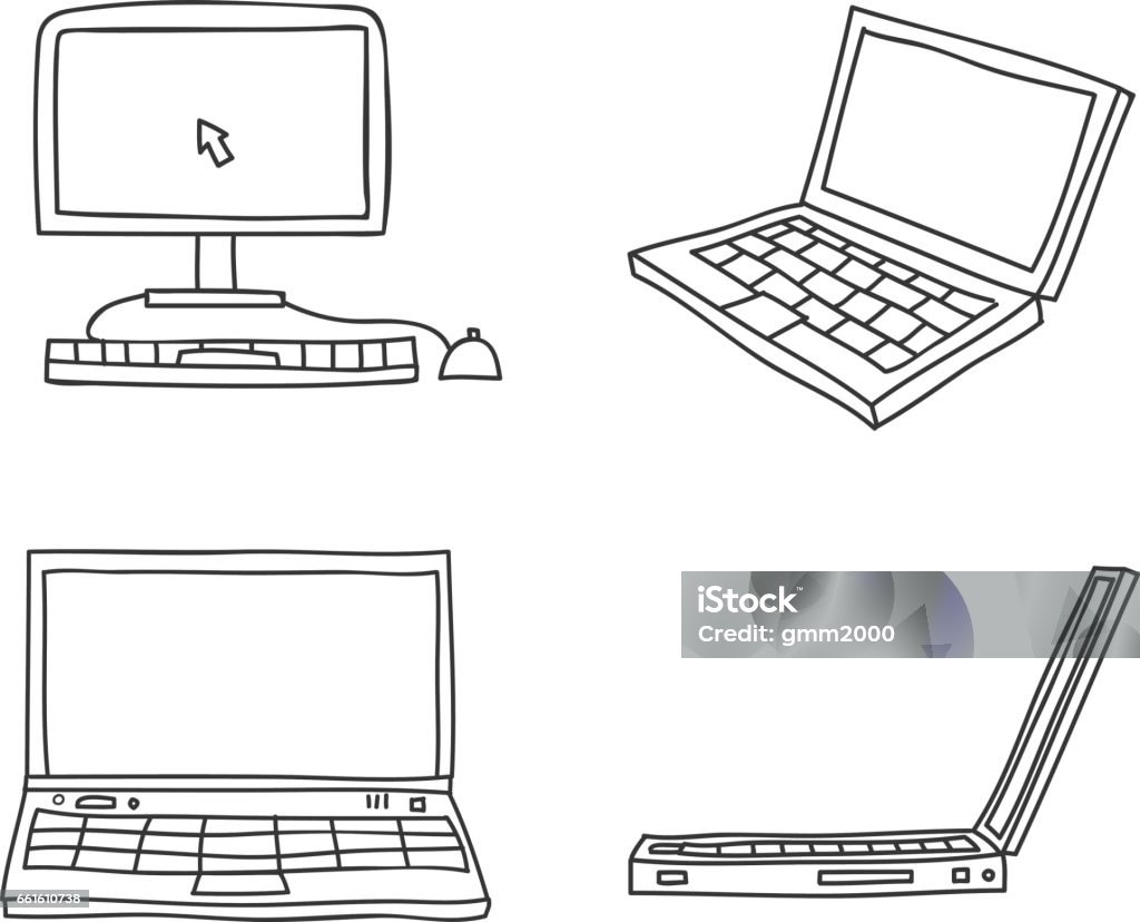 Thin Line Hand Drawn Laptop And Desktop Computer Art Vector Stock ...