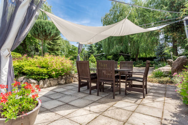 istock Table and chairs surrounded by garden 661628562