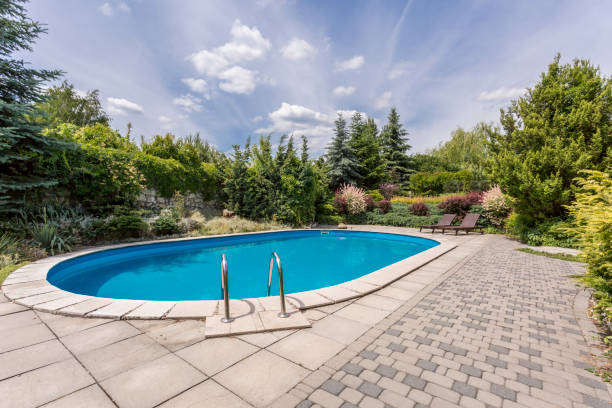 istock Oval swimming pool in garden 661628598