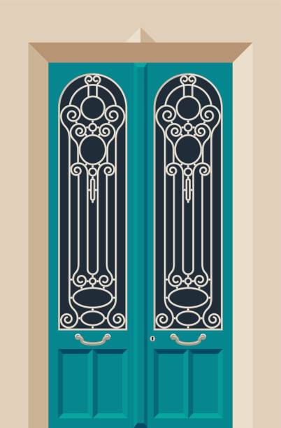Turquoise Turquoise Art Nouveau Door With Wrought Iron. blue front door stock illustrations
