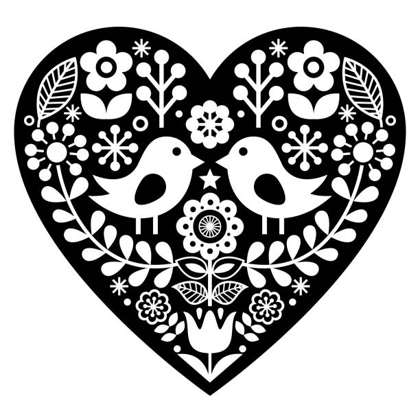 ilustrações de stock, clip art, desenhos animados e ícones de scandinavian black folk art pattern with birds and flowers -  valentine's day, love concept - vector valentine card craft valentines day