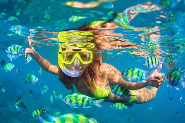 Girl in snorkeling mask dive underwater with coral reef fishes Happy family - girl in snorkeling mask dive underwater with fishes school in coral reef sea pool. Travel lifestyle, water sport outdoor adventure, swimming lessons on summer beach holidays with child. snorkeling photos stock pictures, royalty-free photos & images