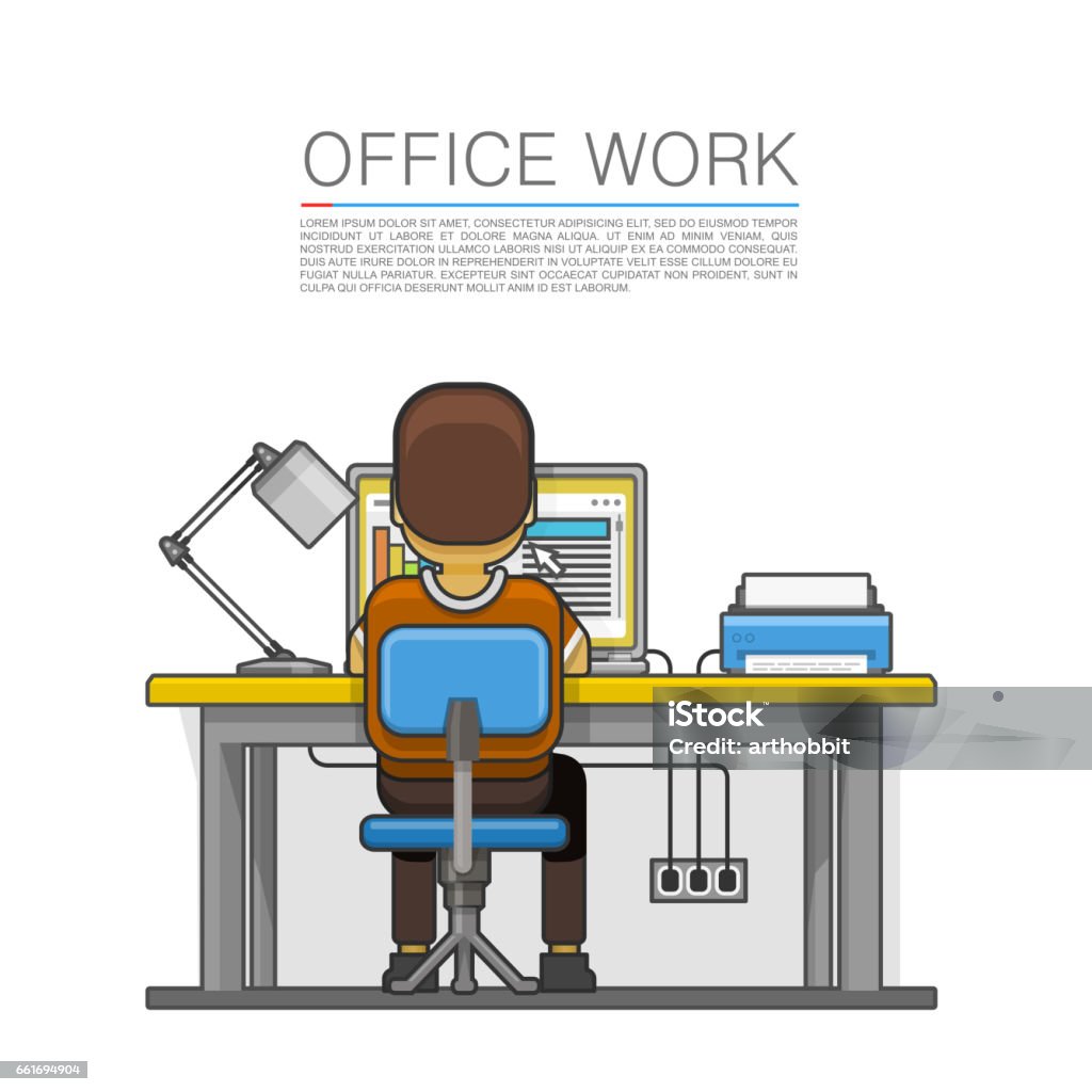 Man sitting at desktop and working on the computer. Man sitting at the desktop and working on the computer. Vector illustration Adult stock vector