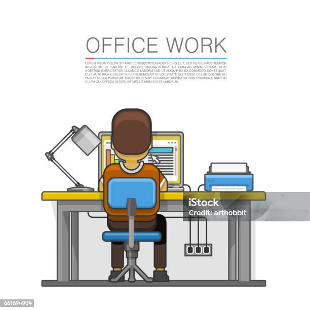 Man Sitting At Desktop And Working On The Computer Stock Illustration - Download Image Now