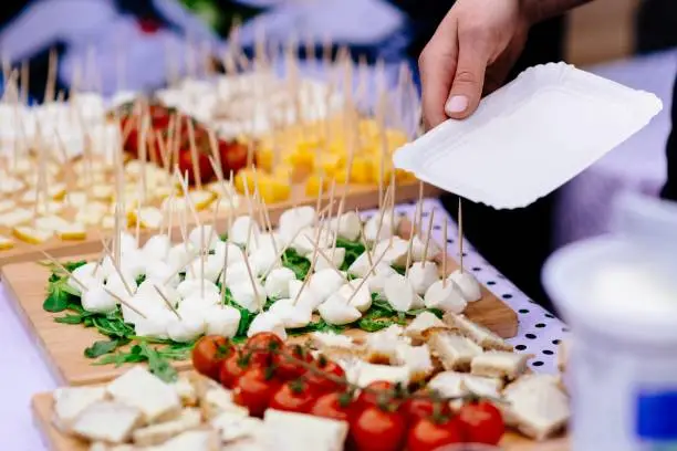 Finger food appetizers on party - mozzarella and cherry tomatoes