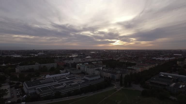 AERIAL: Stockholm city at sunset