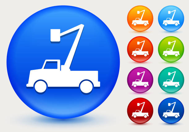 Electrician Truck Icon on Shiny Color Circle Buttons Electrician Truck Icon on Shiny Color Circle Buttons. The icon is positioned on a large blue round button. The button is shiny and has a slight glow and shadow. There are 8 alternate color smaller buttons on the right side of the image. These buttons feature the same vector icon as the large button. The colors include orange, red, purple, maroon, green, and indigo variations. indigo truck stock illustrations