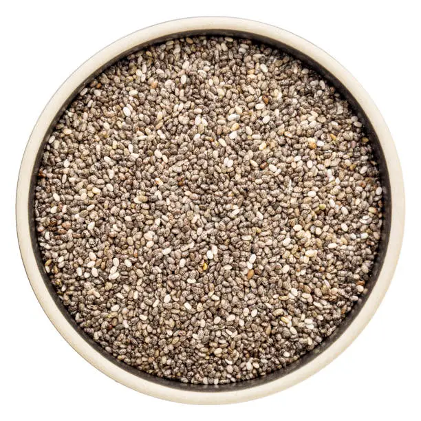 chia seeds (Salvia Hispanica) in a round ceramic bowl isolated on white