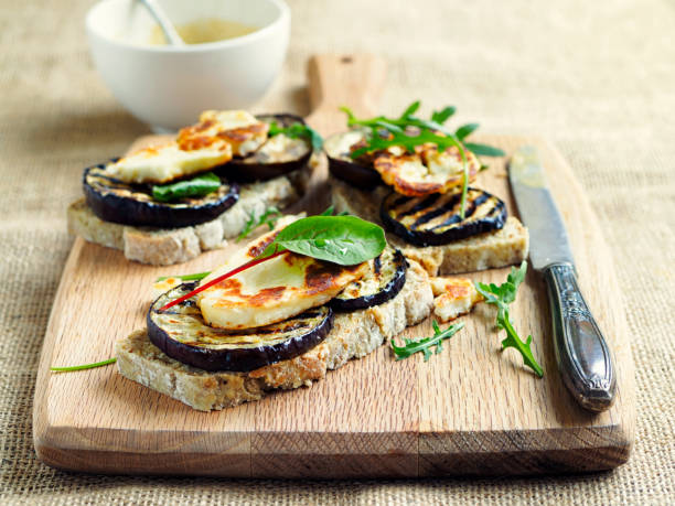 Vegetarian grilled aubergine open sandwich