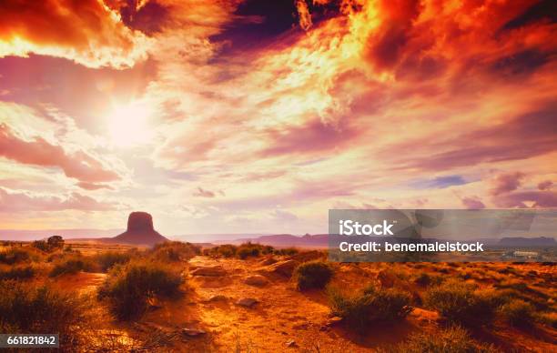 Amazing Landscape At The Sunset At The Monument Valley National Park In Arizona Usa With Cloudy And Drama Sky Stock Photo - Download Image Now