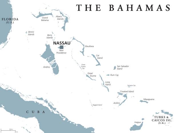 The Bahamas political map The Bahamas political map with capital Nassau. Commonwealth and archipelagic state within the Lucayan Archipelago in the Atlantic Ocean. Gray illustration on white background. English labeling. Vector bahamas stock illustrations