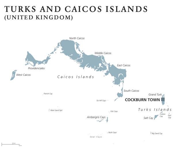 Turks And Caicos Islands political map Turks And Caicos Islands political map with capital Cockburn Town. TCI, British Overseas Territory in the Lucayan Archipelago of Atlantic Ocean. Gray illustration over white. English labeling. Vector. turks and caicos islands caicos islands bahamas island stock illustrations