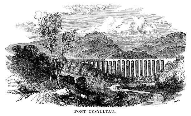 ilustrações, clipart, desenhos animados e ícones de aqueduto pontcysyllte (gravura vitoriana) - dee river illustrations