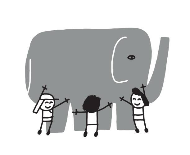 People embracing elephant Vector illustration of elephant rescue centre. People taking care of the elephant elephant drawings stock illustrations