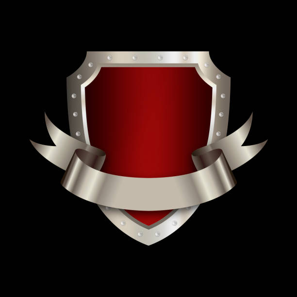 Medieval red shield with chrome riveted border and silver ribbon on black background.