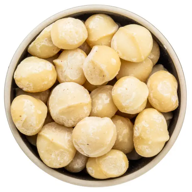 macadamia nuts in a ceramic bowl isolated on white