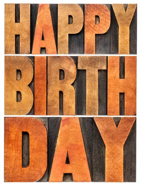 happy birthday greeting card - isolated text abstract in letterpress wood type printing blocks