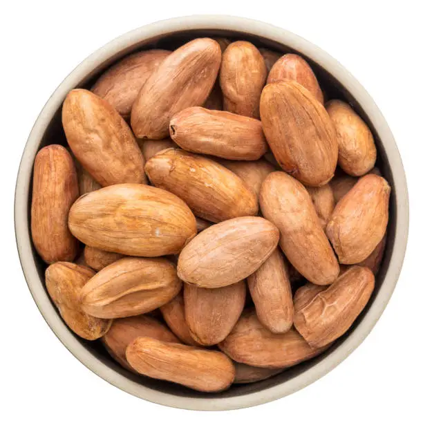 raw organic cacao beans  in a ceramic round bowl isolated on white