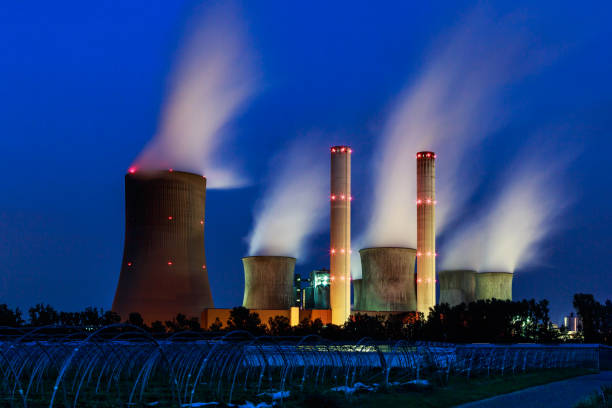 Lignite power plant at night stock photo