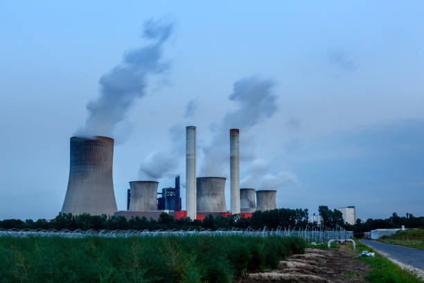 Lignite power plant with meadow in the foreground stock photo
