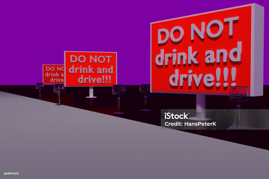 DO NOT drink and drive! 3D rendering of "DO NOT drink and drive!" on big information signs standing on a dark red glossy plane Alcohol - Drink Stock Photo