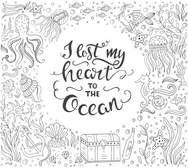 Ocean lettering illustration Vector Hand drawn vintage illustration with hand lettering and ocean elements. I lost my heart to the ocean. Quote. This illustration can be used as a print on t-shirts and bags or coloring book. anchor free pic stock illustrations