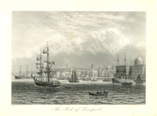 Port of Liverpool (Victorian engraving) A 19th century engraving of the Port of Liverpool in Lancashire. Liverpool is a major British city and port on the River Mersey. From “Our Own Country: Descriptive, Historical, Pictorial” published by Cassell & Co Ltd, 1885. river mersey northwest england stock illustrations