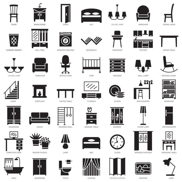 Room furniture silhouette icons set Room modern interior indoor furniture silhouette icons set illustration tv stand silhouette stock illustrations