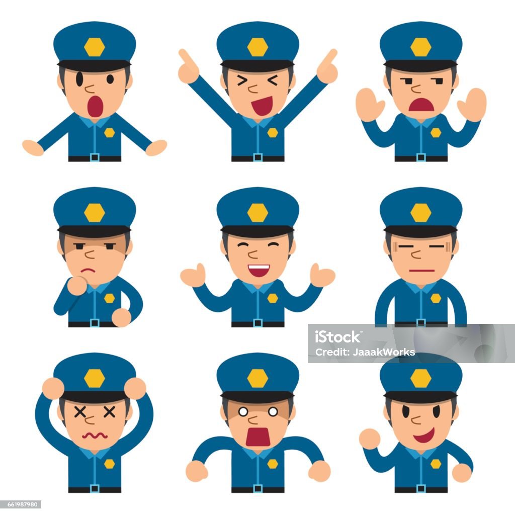 Ilustración de Caras De Policía De Dibujos Animados Que Muestran Diferentes  Emociones y más Vectores Libres de Derechos de Aburrimiento - iStock