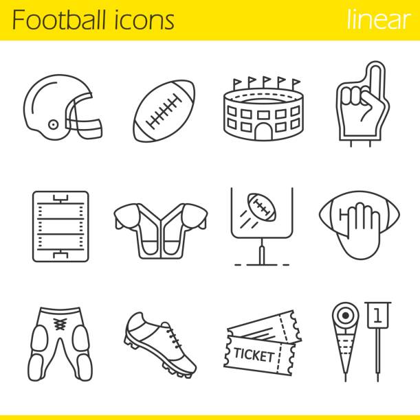 American football icons American football linear vector icons. Thin line. Helmet, shoulder pad, ball, shorts, Hand holding ball, goal sign,foam finger, game tickets, arena sports event stock illustrations